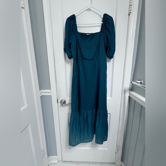 Garnet Hill Linen Teal Puff Sleeve Midi Dress - Picture 4 of 5